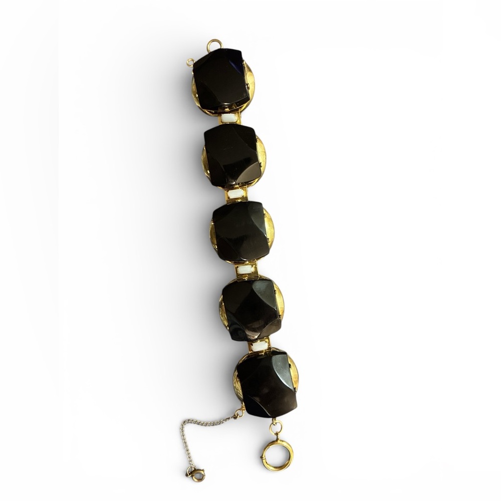 Estate Large Black Glass Gold Tone Statement Bracelet